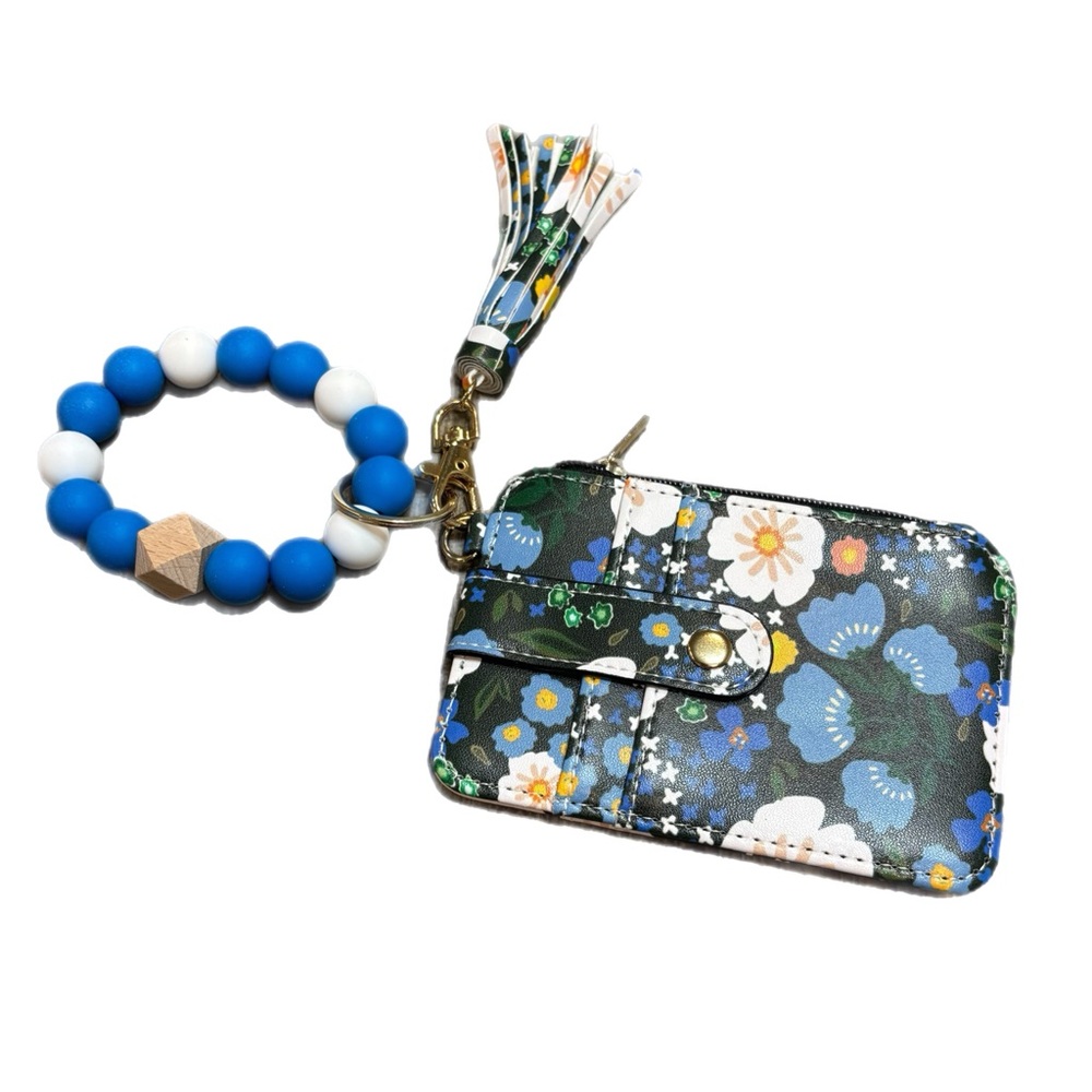 Floral Wristlet with Blue Beaded Keychain
